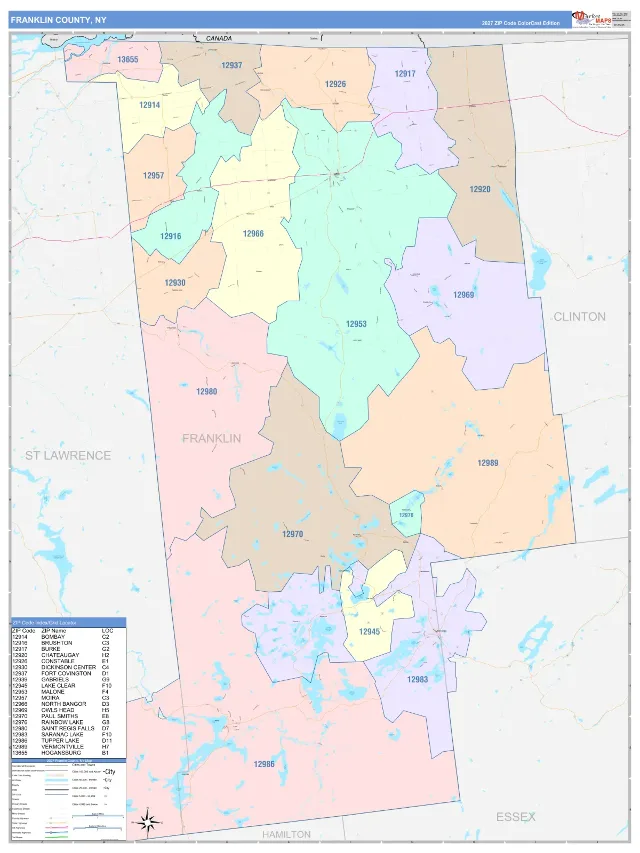 Franklin County, NY ZIP Code Wall Map, ColorCast style