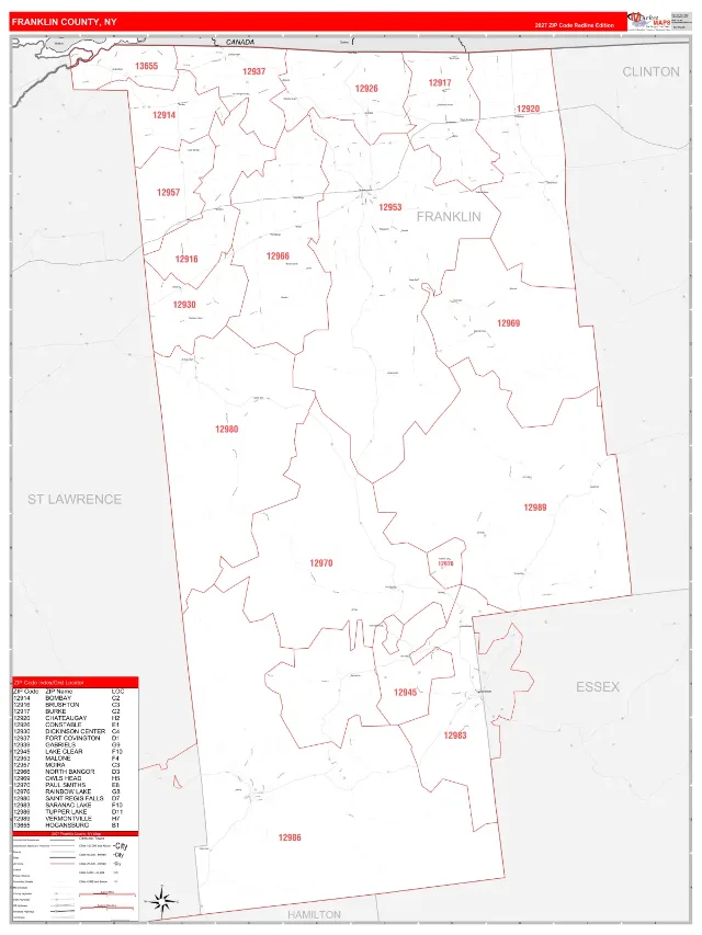 Franklin County, NY ZIP Code Wall Map, RedLine style