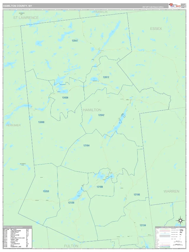 Hamilton County, NY ZIP Code Wall Map, Classic style