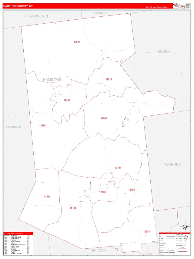 Hamilton County, NY ZIP Code Wall Map, RedLine style