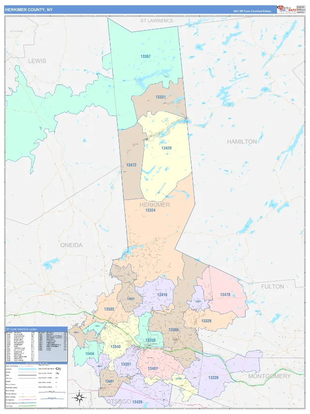 Herkimer County, NY ZIP Code Wall Map, ColorCast style