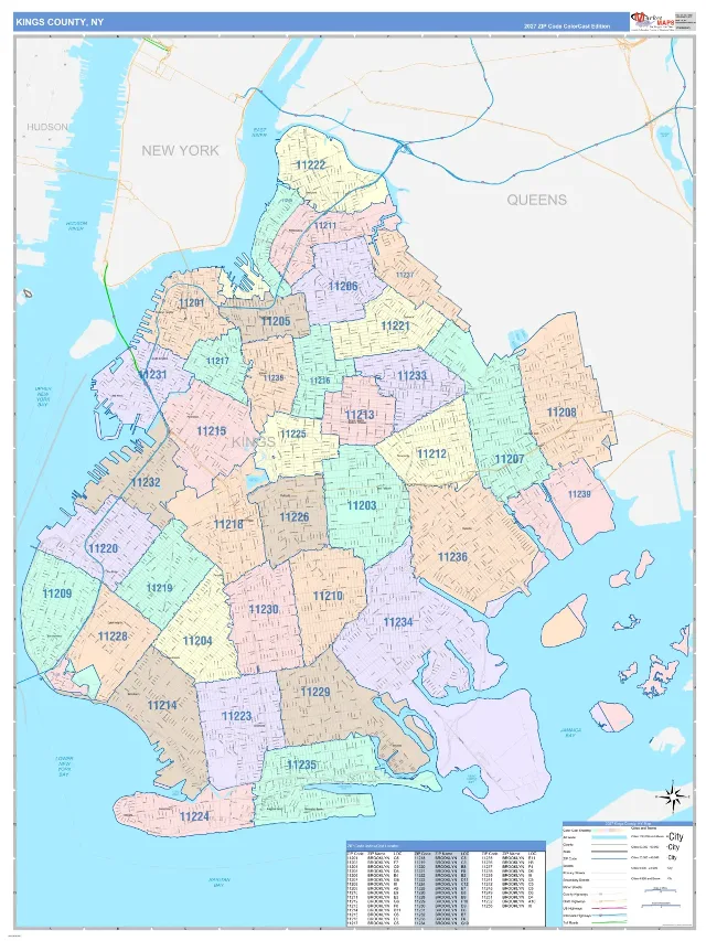 Kings County, NY ZIP Code Wall Map, ColorCast style