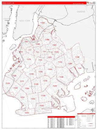 Kings County, NY RedLine style ZIP Code wall map
