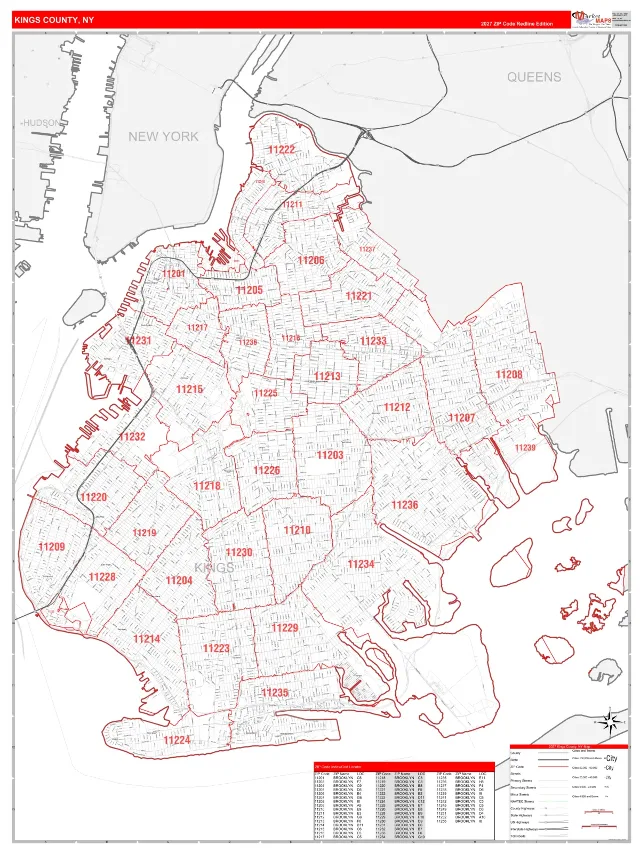 Kings County, NY ZIP Code Wall Map, RedLine style