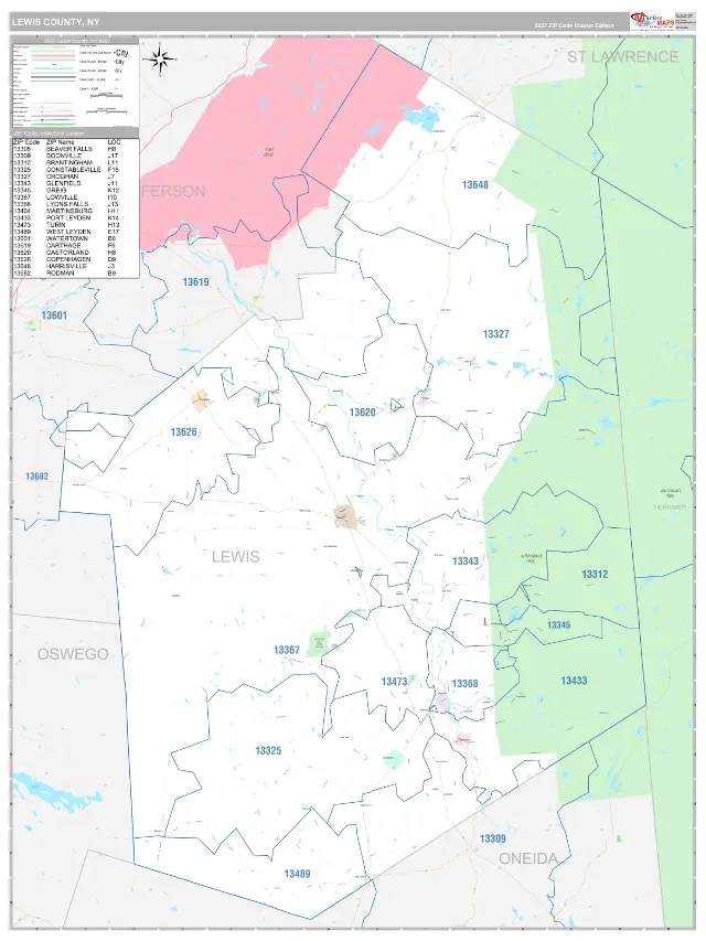 Lewis County, NY ZIP Code Wall Map, Classic style