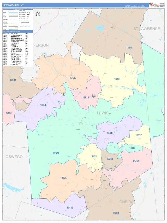 Lewis County, NY ZIP Code Wall Map, ColorCast style