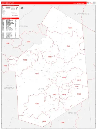 Lewis County, NY RedLine style ZIP Code wall map