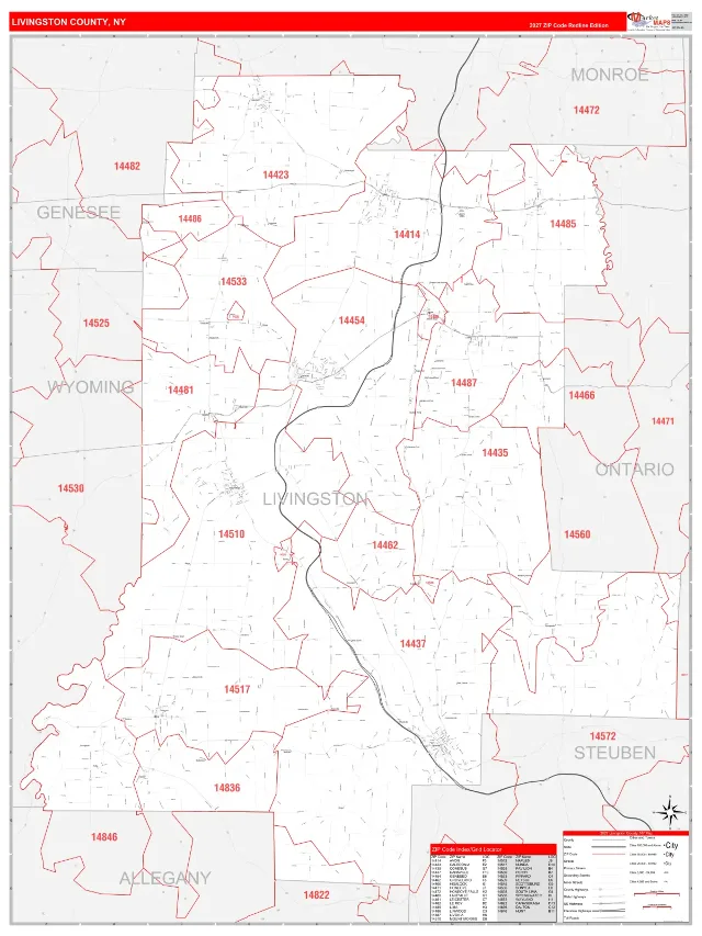 Livingston County, NY ZIP Code Wall Map, RedLine style