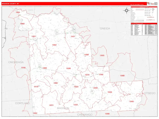 Madison County, NY ZIP Code Wall Map, RedLine style