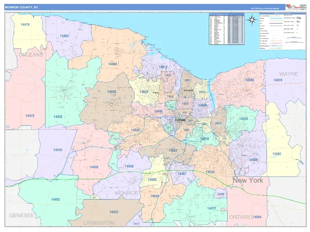 Monroe County, NY ZIP Code Wall Map, ColorCast style