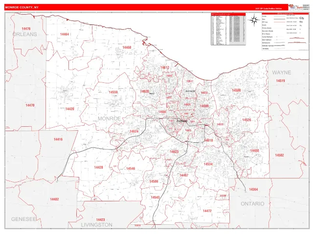 Monroe County, NY ZIP Code Wall Map, RedLine style
