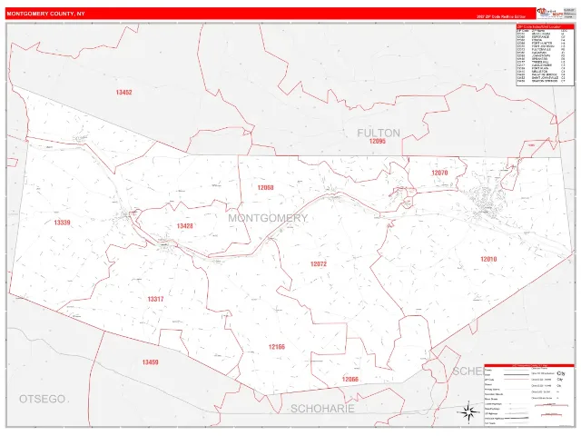 Montgomery County, NY ZIP Code Wall Map, RedLine style