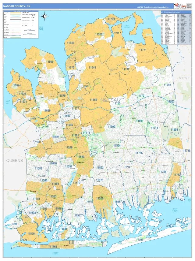 Nassau County, NY ZIP Code Wall Map, Business Reference style