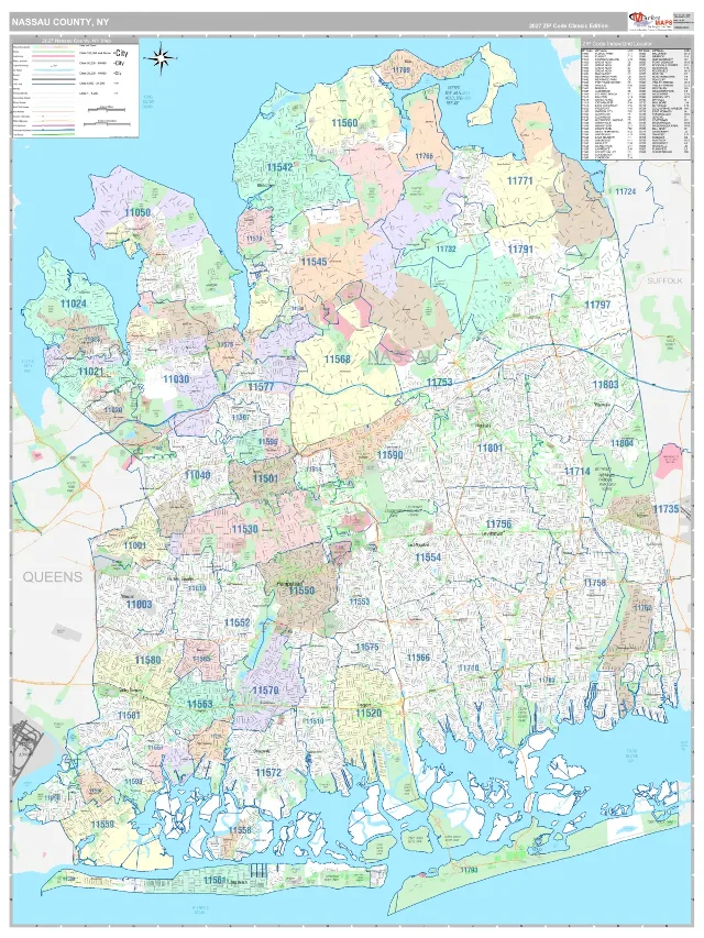 Nassau County, NY ZIP Code Wall Map, Classic style