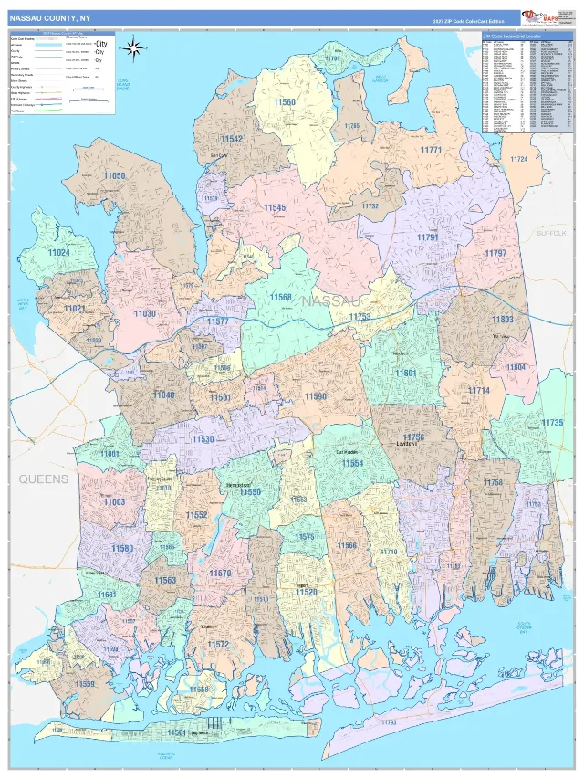 Nassau County, NY ZIP Code Wall Map, ColorCast style