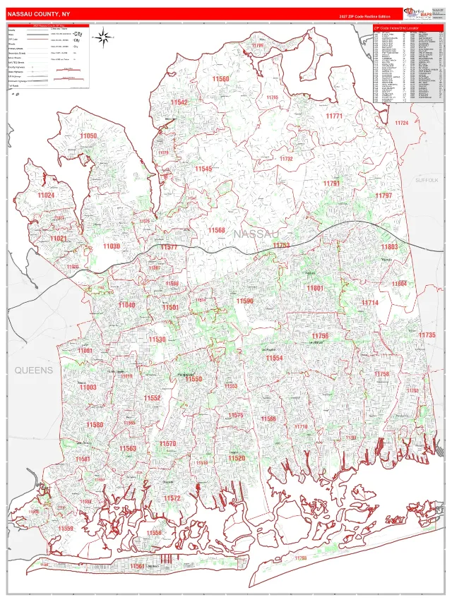 Nassau County, NY ZIP Code Wall Map, RedLine style