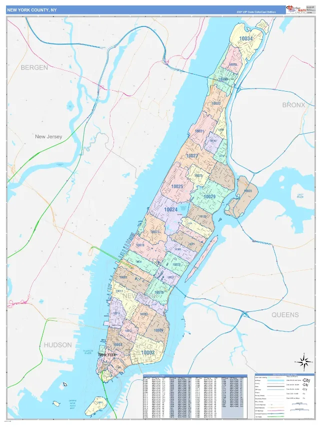 New York County, NY ZIP Code Wall Map, ColorCast style