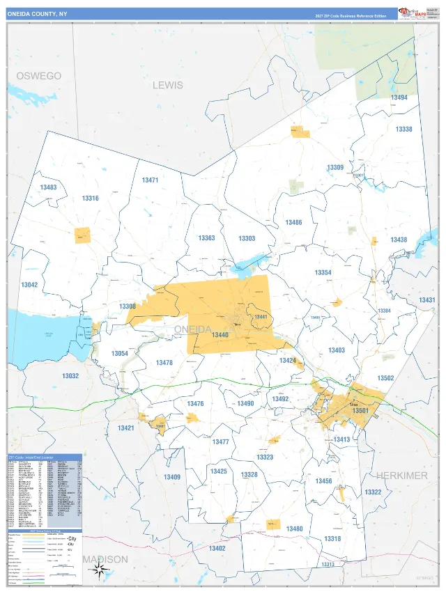 Oneida County, NY ZIP Code Wall Map, Business Reference style