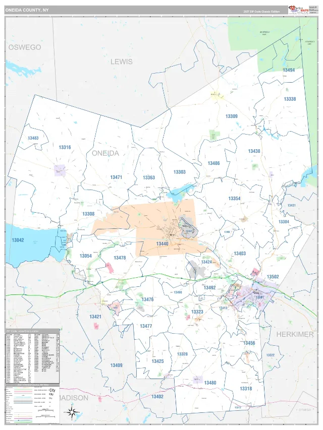 Oneida County, NY ZIP Code Wall Map, Classic style