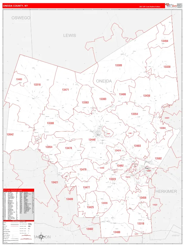 Oneida County, NY ZIP Code Wall Map, RedLine style