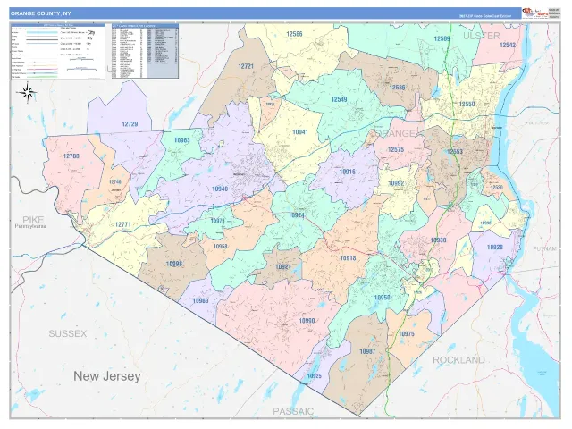 Orange County, NY ZIP Code Wall Map, ColorCast style