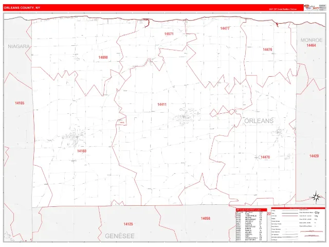 Orleans County, NY ZIP Code Wall Map, RedLine style