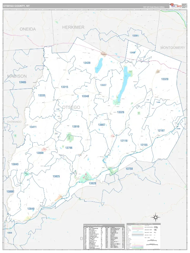 Otsego County, NY ZIP Code Wall Map, Classic style