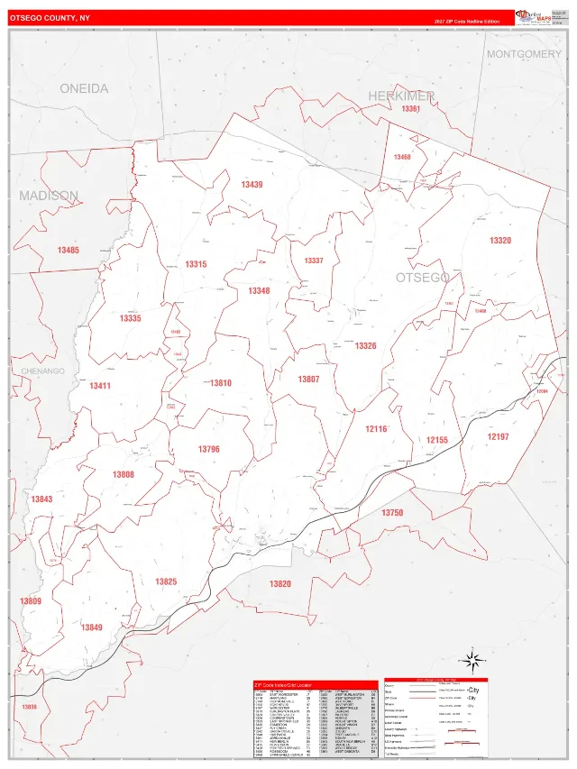 Otsego County, NY ZIP Code Wall Map, RedLine style