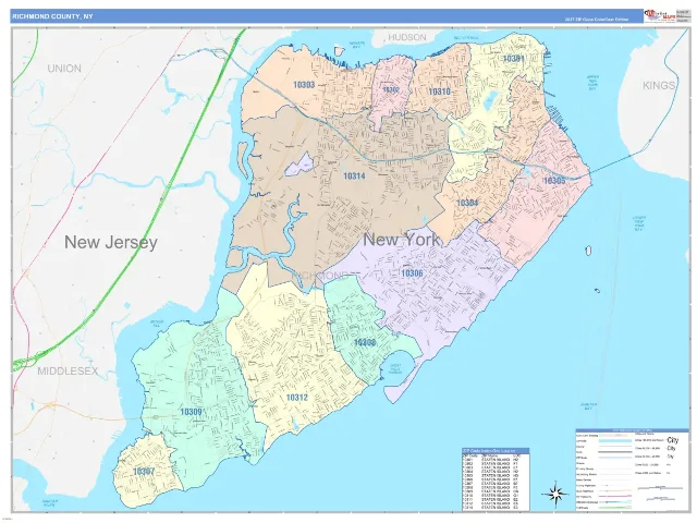 Richmond County, NY ZIP Code Wall Map, ColorCast style
