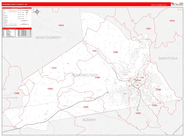 Schenectady County, NY ZIP Code Wall Map, RedLine style