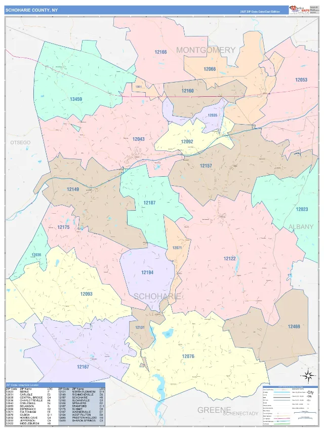 Schoharie County, NY ZIP Code Wall Map, ColorCast style