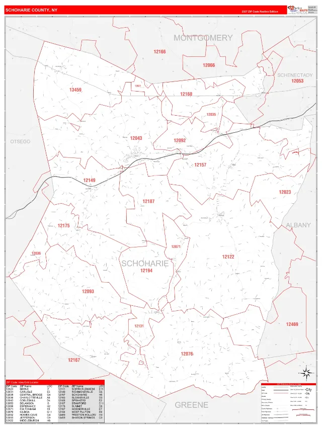 Schoharie County, NY ZIP Code Wall Map, RedLine style