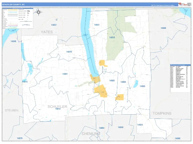 Schuyler County, NY ZIP Code Wall Map, Business Reference style