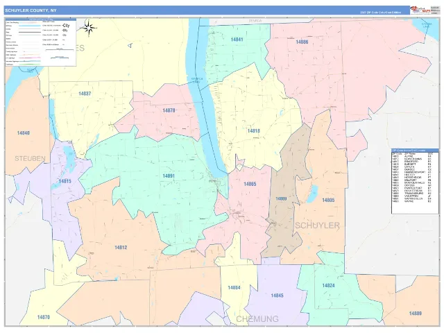 Schuyler County, NY ZIP Code Wall Map, ColorCast style