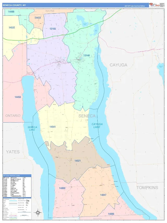Seneca County, NY ZIP Code Wall Map, ColorCast style