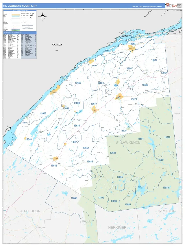 St. Lawrence County, NY ZIP Code Wall Map, Business Reference style