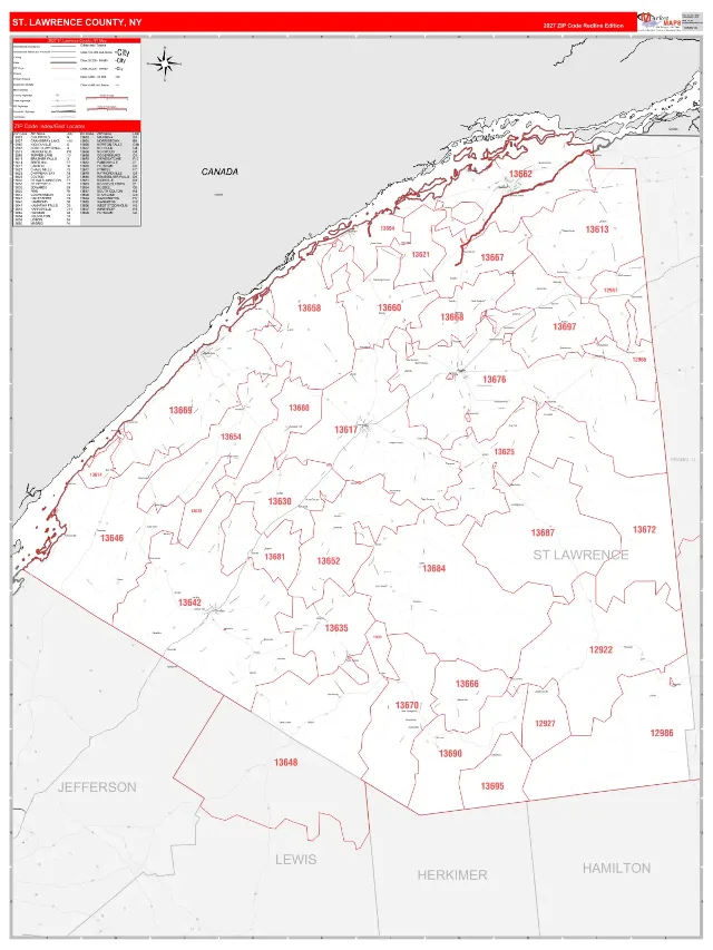 St. Lawrence County, NY ZIP Code Wall Map, RedLine style