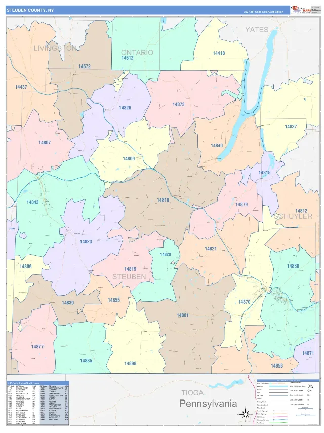 Steuben County, NY ZIP Code Wall Map, ColorCast style