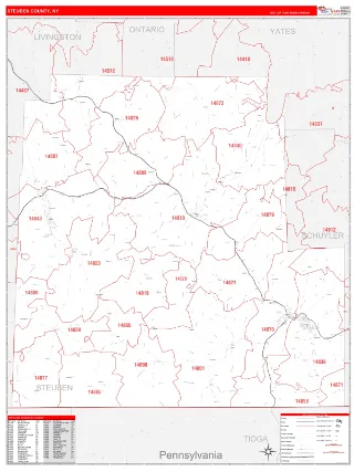 Steuben County, NY RedLine style ZIP Code wall map