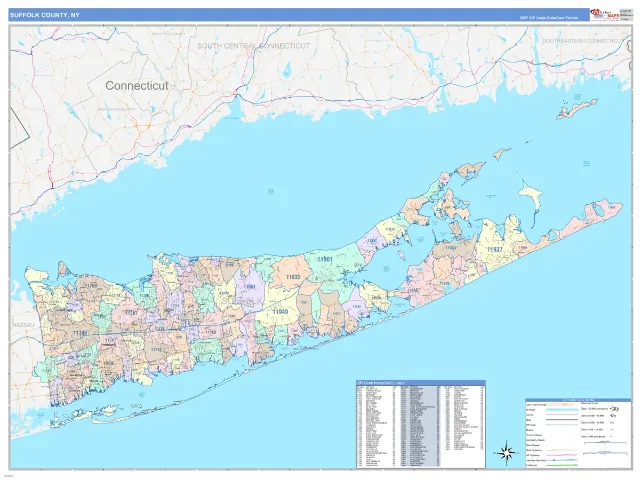 Suffolk County, NY ZIP Code Wall Map, ColorCast style