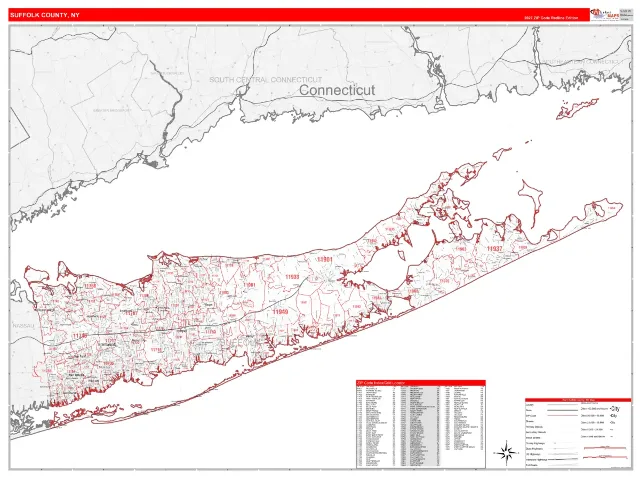 Suffolk County, NY ZIP Code Wall Map, RedLine style