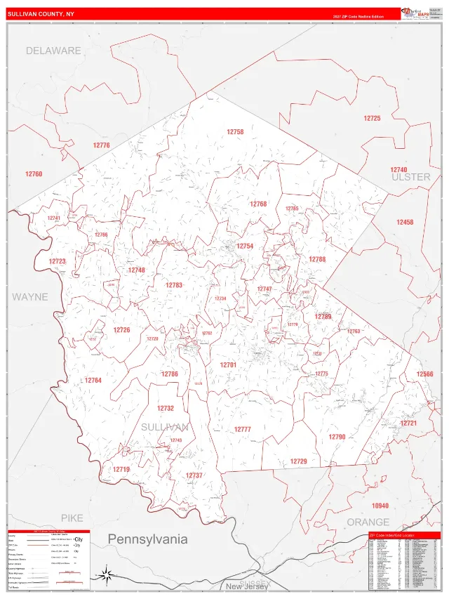 Sullivan County, NY ZIP Code Wall Map, RedLine style