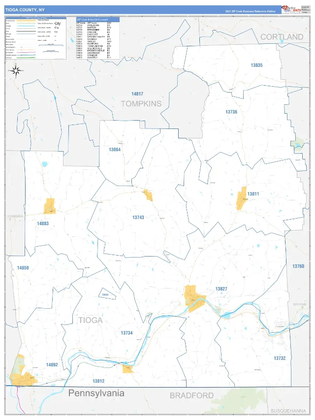 Tioga County, NY ZIP Code Wall Map, Business Reference style