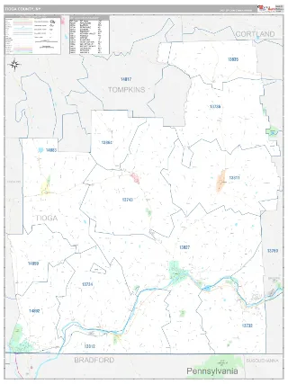 Tioga County, NY Classic style ZIP Code wall map