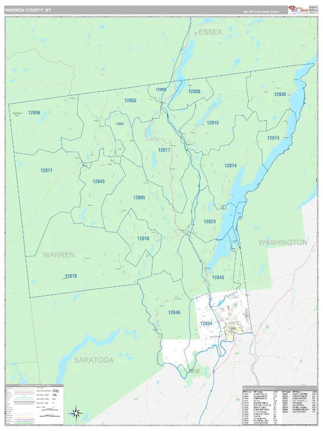 Warren County, NY ZIP Code Wall Map, Classic style