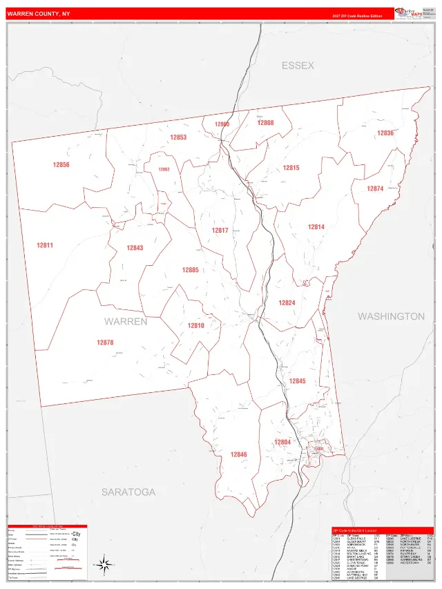 Warren County, NY ZIP Code Wall Map, RedLine style