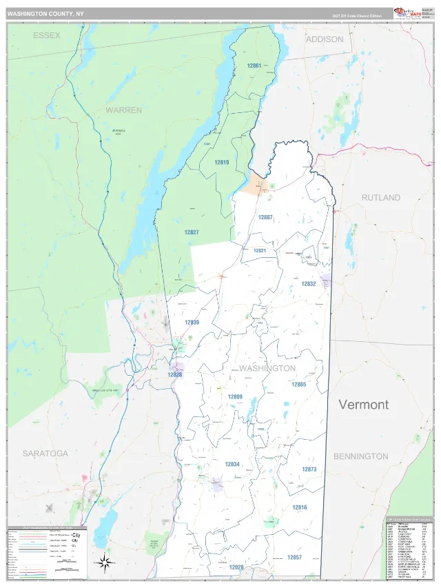 Washington County, NY ZIP Code Wall Map, Classic style