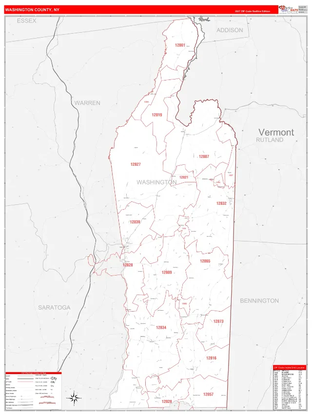 Washington County, NY ZIP Code Wall Map, RedLine style