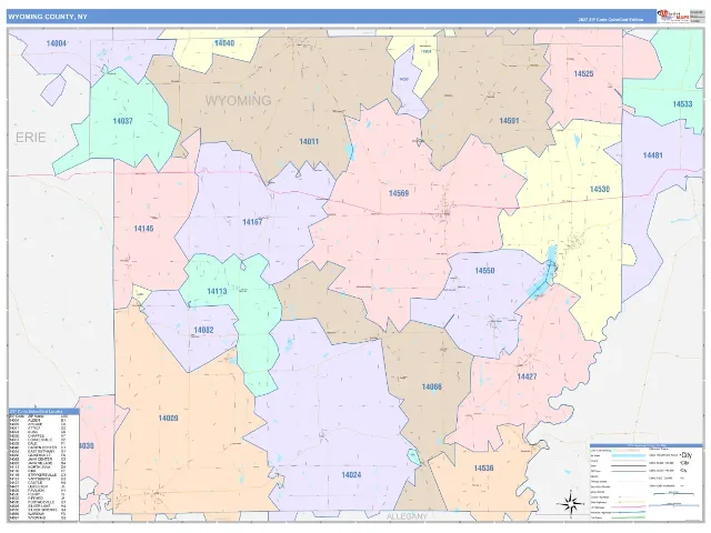 Wyoming County, NY ZIP Code Wall Map, ColorCast style
