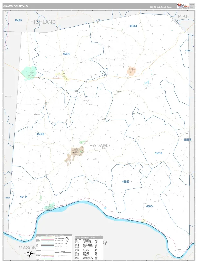 Adams County, OH ZIP Code Wall Map, Classic style